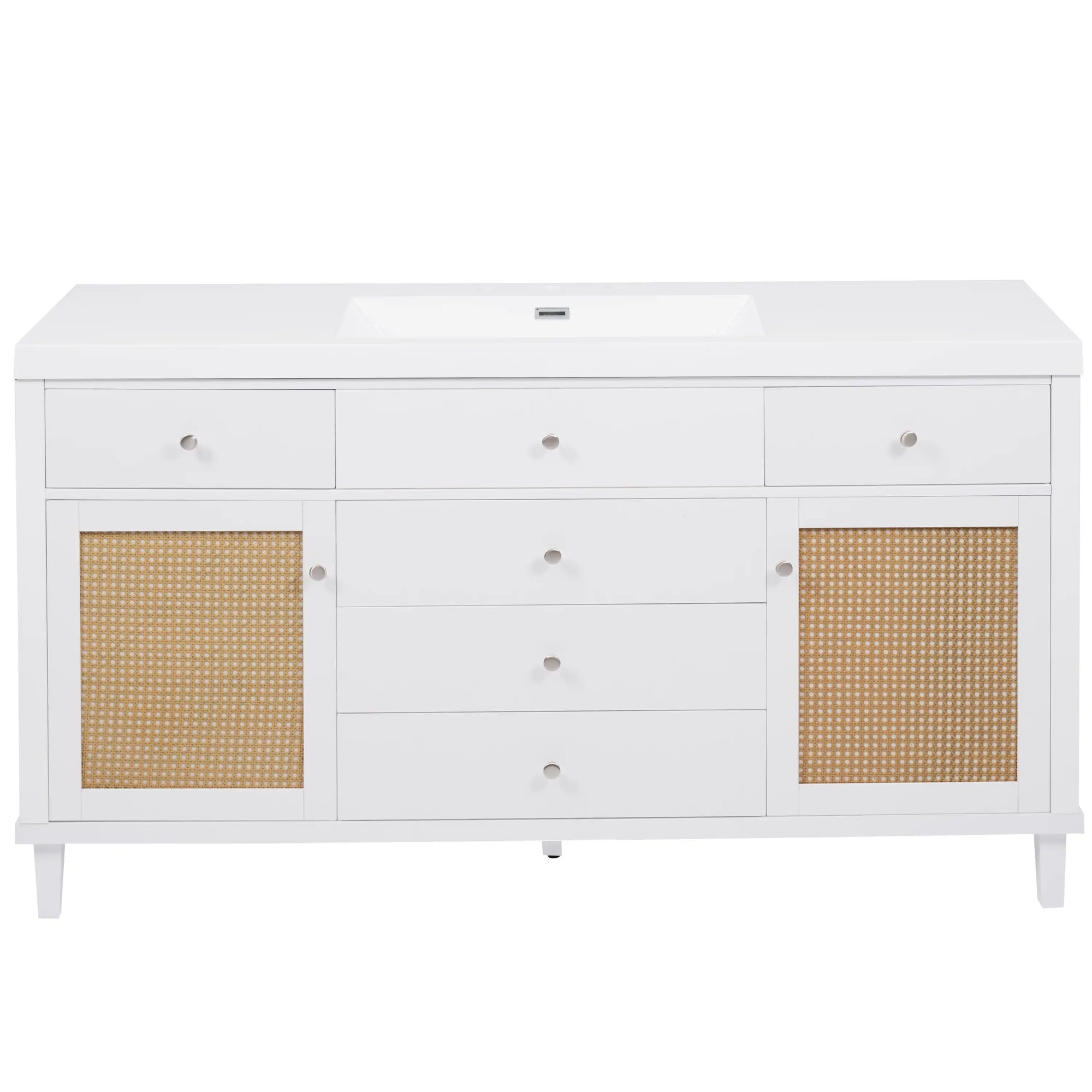 A stylish white bathroom vanity with a rectangular sink, rattan-accented cabinet doors, and multiple storage drawers. |ACE DECOR