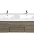 Front view of 59 inch double sink vanity showing dual basins and modern ash grey finish | Ace Decor
