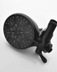 Close-up of the Dorian Series matte black 7-function overhead showerhead.