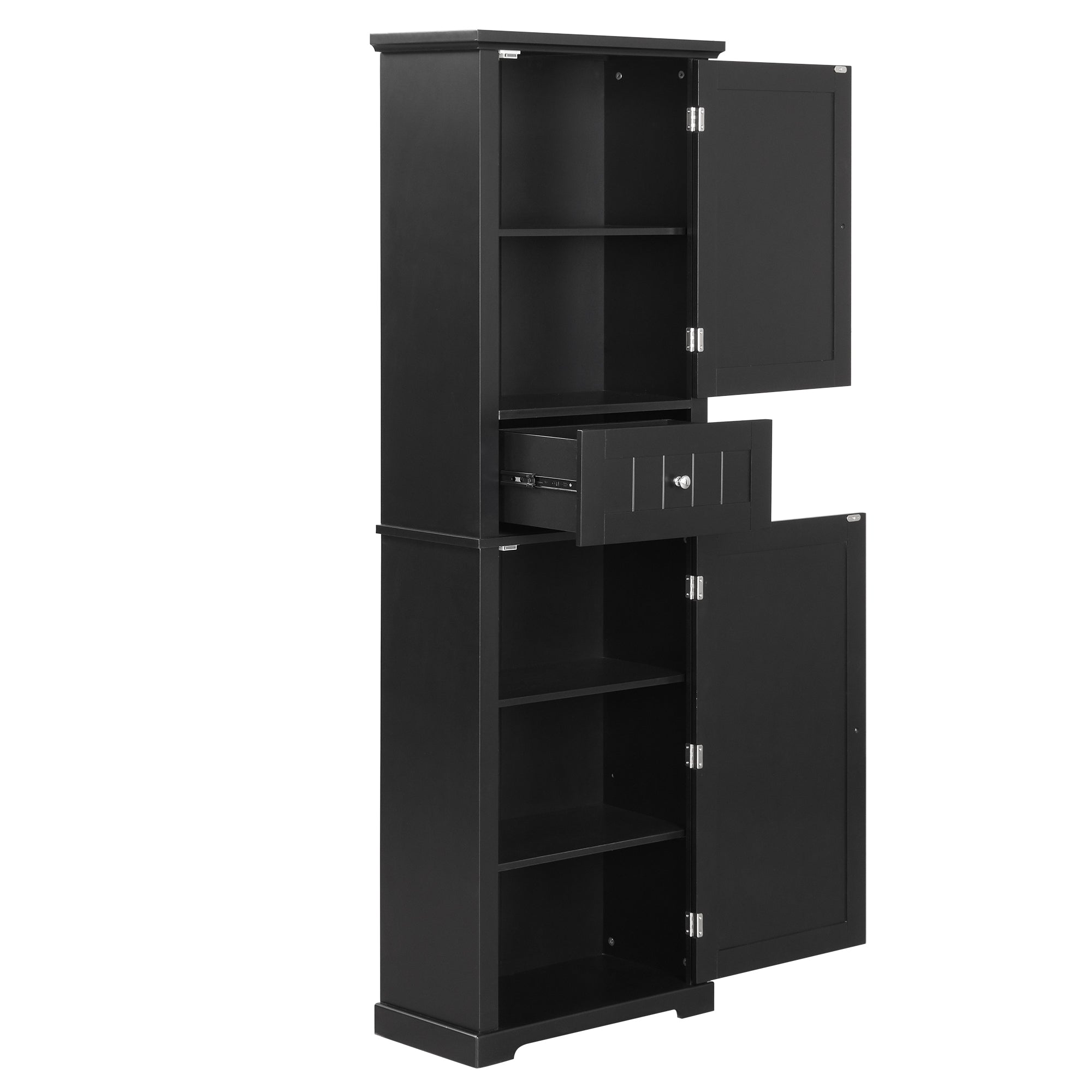Norrin 67.3" Black Tall Narrow Bathroom Storage Cabinet with open doors and drawers.