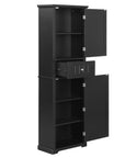 Norrin 67.3" Black Tall Narrow Bathroom Storage Cabinet with open doors and drawers.