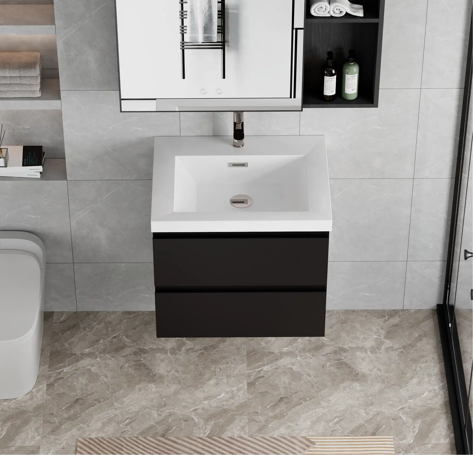 24-42 Inch Glossy Black Bathroom Floating Vanity with Resin Sink and 2 Soft-Close Drawers