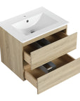 LumaOak Series 24 inch bathroom vanity with ceramic sink and double drawer storage.