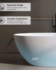 Abyss Series curved soaking tub highlighting ergonomic design, 120-degree lumbar support, and constant temperature feature.