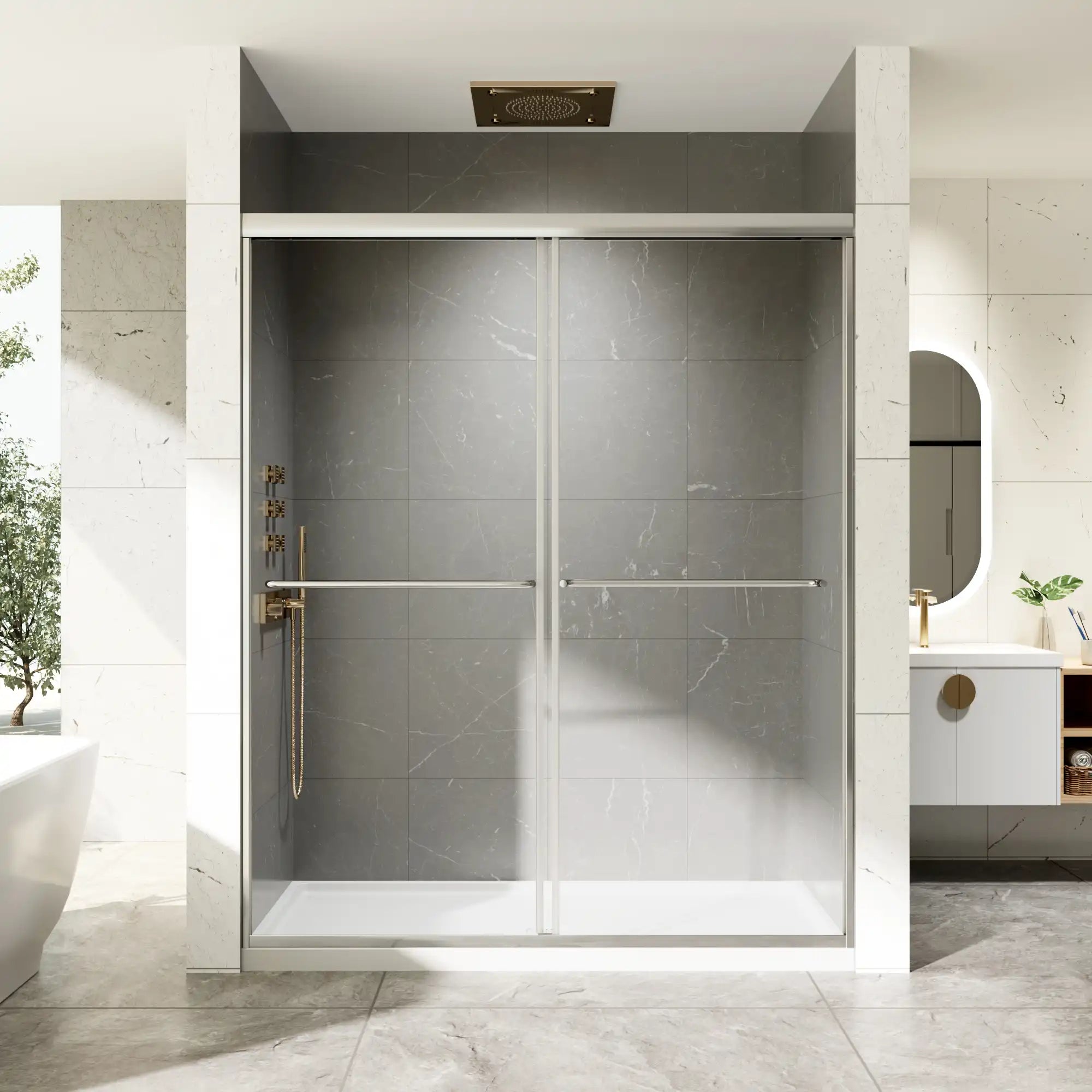 Front view of framed bypass shower door with sleek handles and modern bathroom design. | Ace Decor