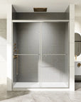 Front view of framed bypass shower door with sleek handles and modern bathroom design. | Ace Decor