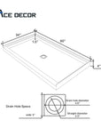 Alcova 60x34 inch non-slip shower base technical drawing with dimensions and center drain specifications.