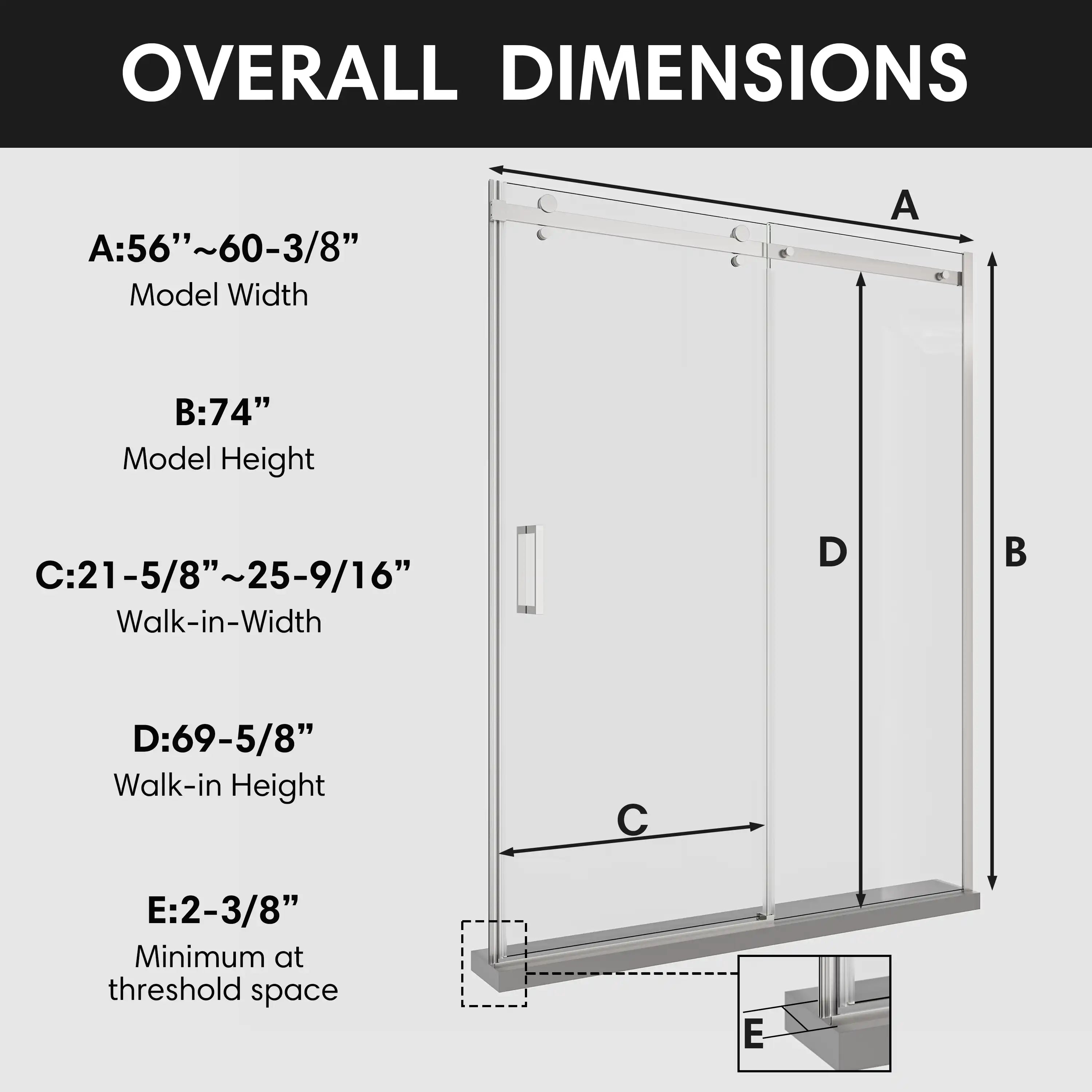 Shower door sliding frameless, size 60 x 74 inches, overall dimensions with detailed measurements | Ace Decor