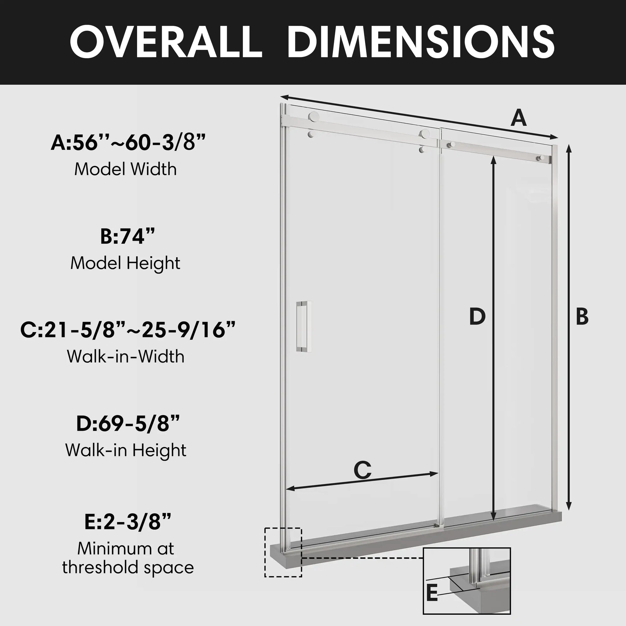 Shower door sliding frameless, size 60 x 74 inches, overall dimensions with detailed measurements | Ace Decor