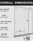 Shower door sliding frameless, size 60 x 74 inches, overall dimensions with detailed measurements | Ace Decor