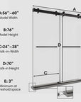 Dimension diagram of 60 x 76 dual sliding shower doors showing width, height, and walk-in measurements for installation reference | Ace Decor