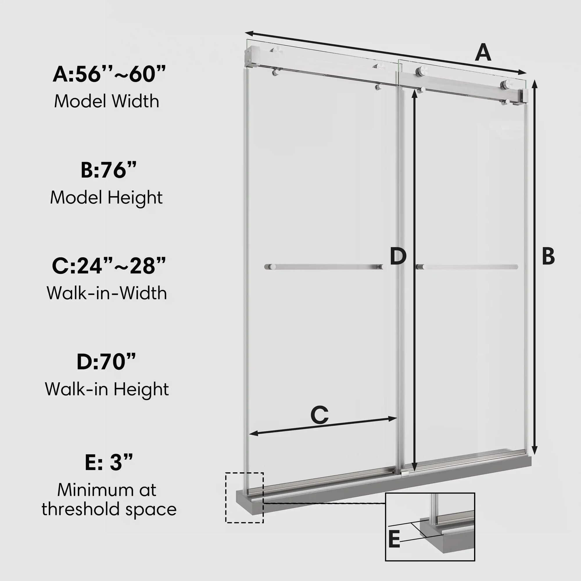 60 x 76 brushed nickel sliding frameless shower door dimension chart showing model width, height, walk-in width, and walk-in height | Ace Decor