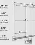 60 x 76 brushed nickel sliding frameless shower door dimension chart showing model width, height, walk-in width, and walk-in height | Ace Decor