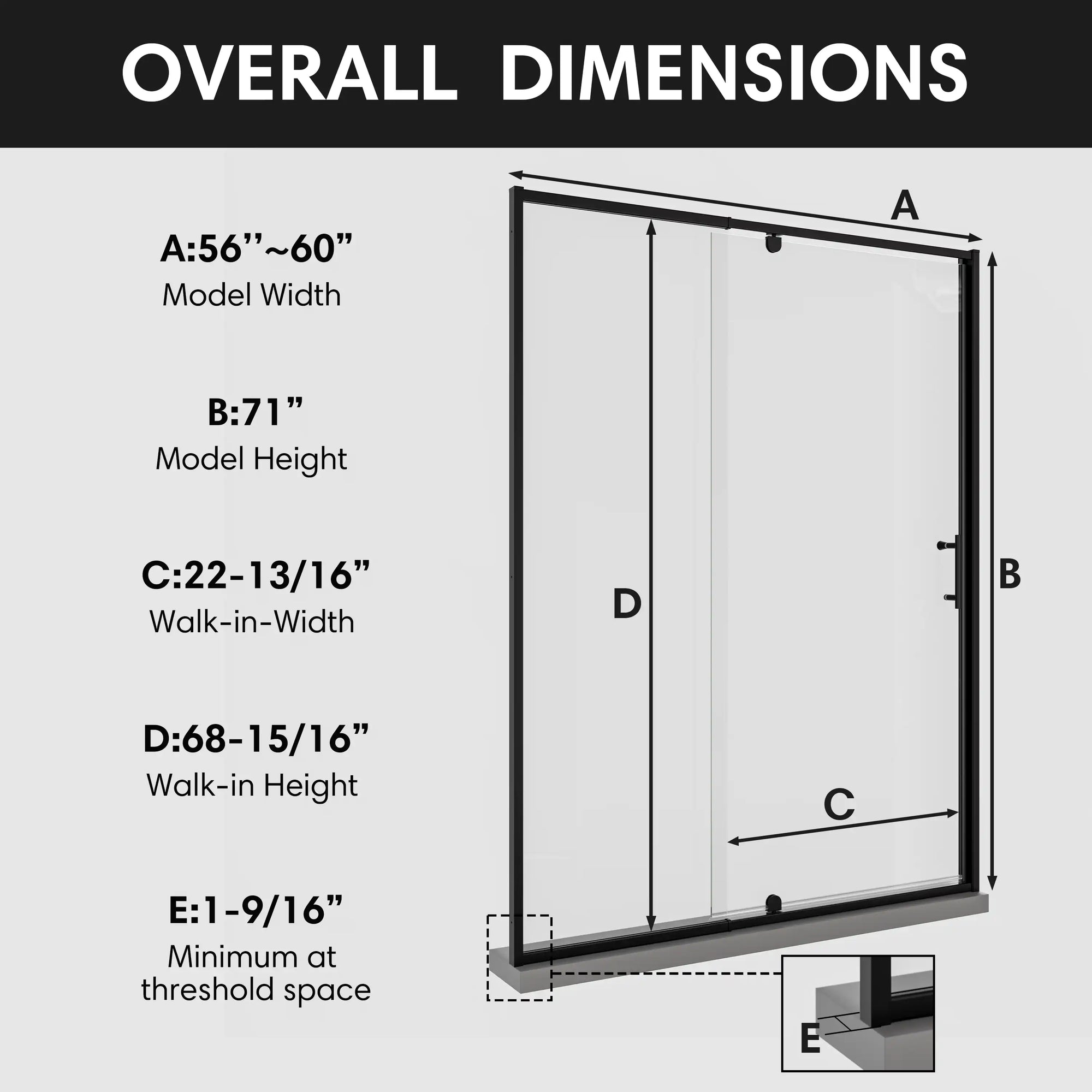 60 pivot shower door overall dimensions diagram with size 60 x 71 | Ace Decor
