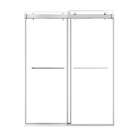 60 x 76 brushed nickel sliding frameless shower door with dual glass panels and modern towel bar handles | Ace Decor