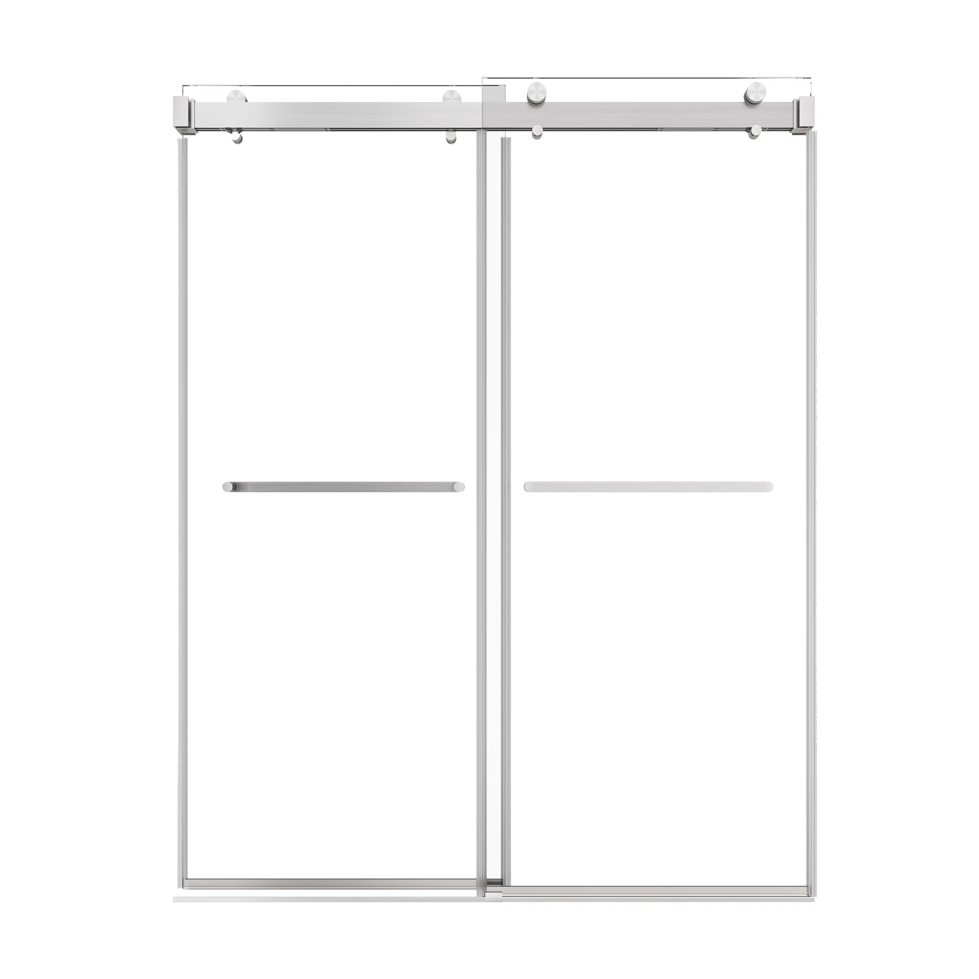 60 x 76 brushed nickel sliding frameless shower door with dual glass panels and modern towel bar handles | Ace Decor