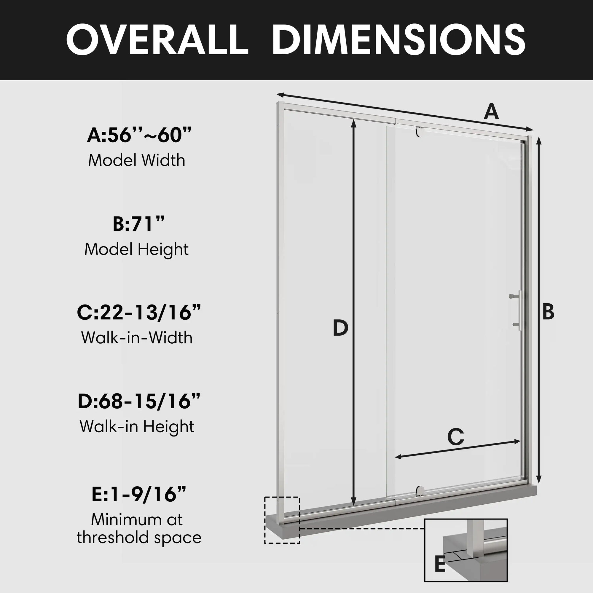 Watertight shower enclosure with framed pivot shower door, overall dimensions 60 x 71 | Ace Decor