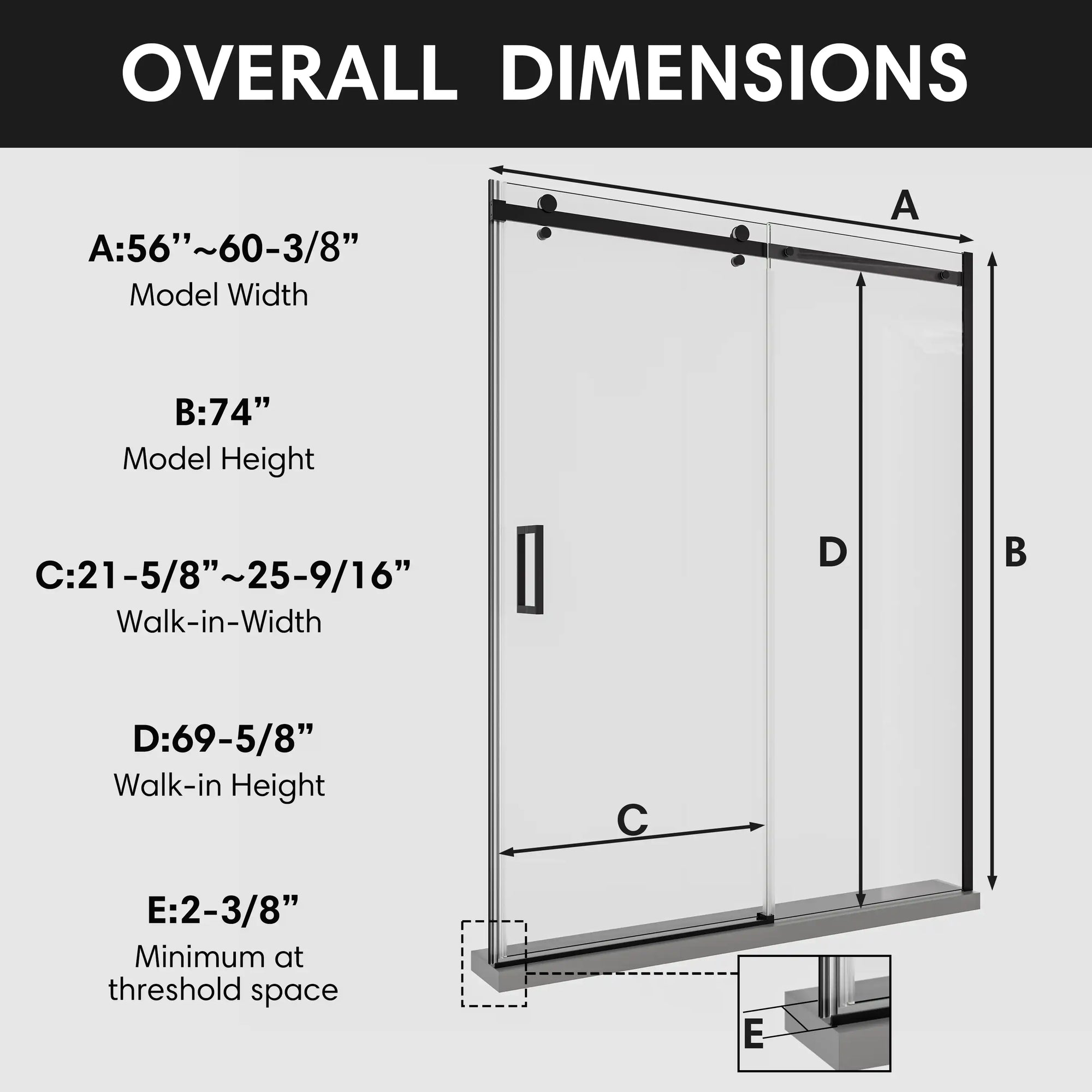 Shower door sliding frameless, 60 x 74 inches, overall dimensions diagram with walk-in width and height details | Ace Decor