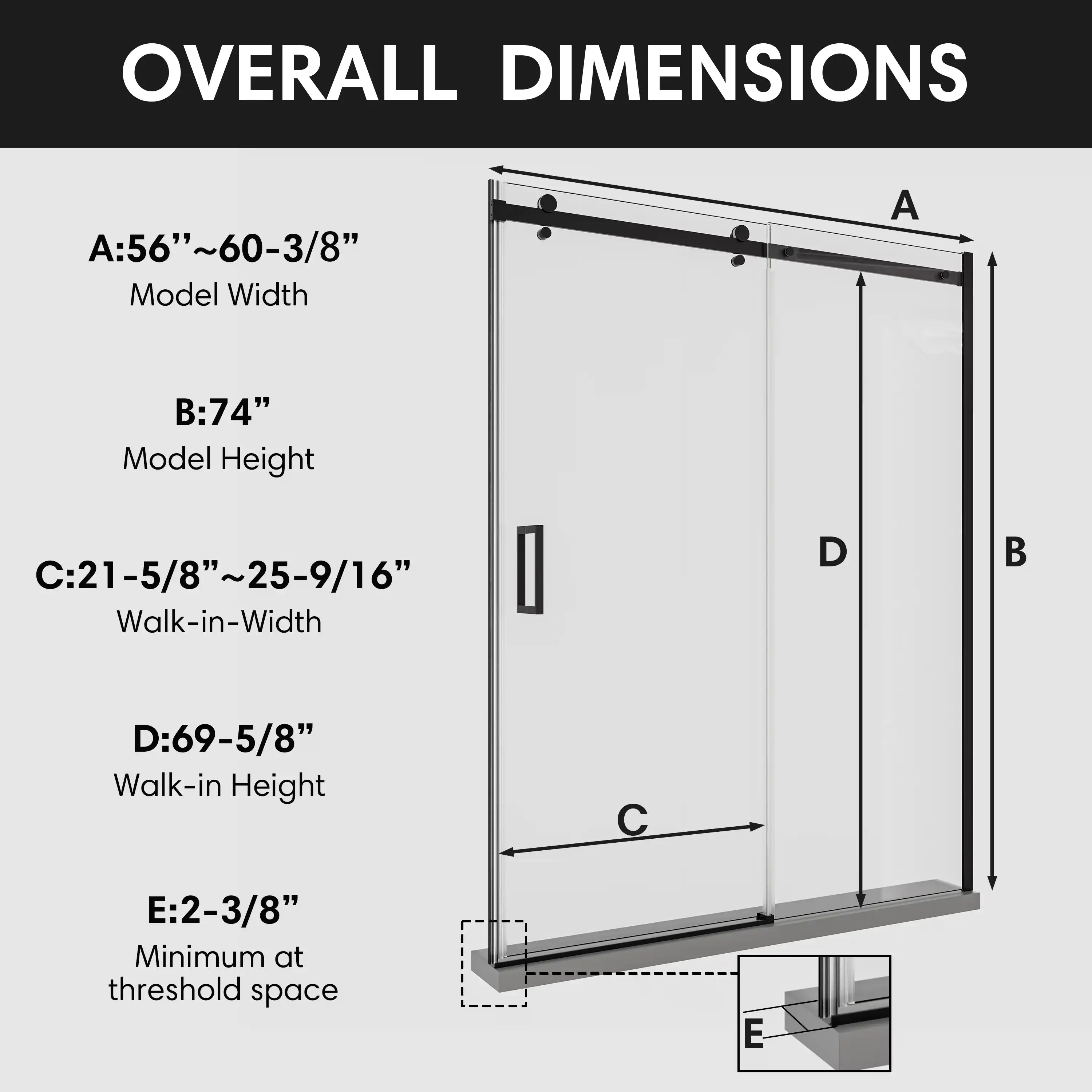 Shower door sliding frameless, 60 x 74 inches, overall dimensions diagram with walk-in width and height details | Ace Decor