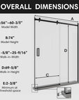 Shower door sliding frameless, 60 x 74 inches, overall dimensions diagram with walk-in width and height details | Ace Decor