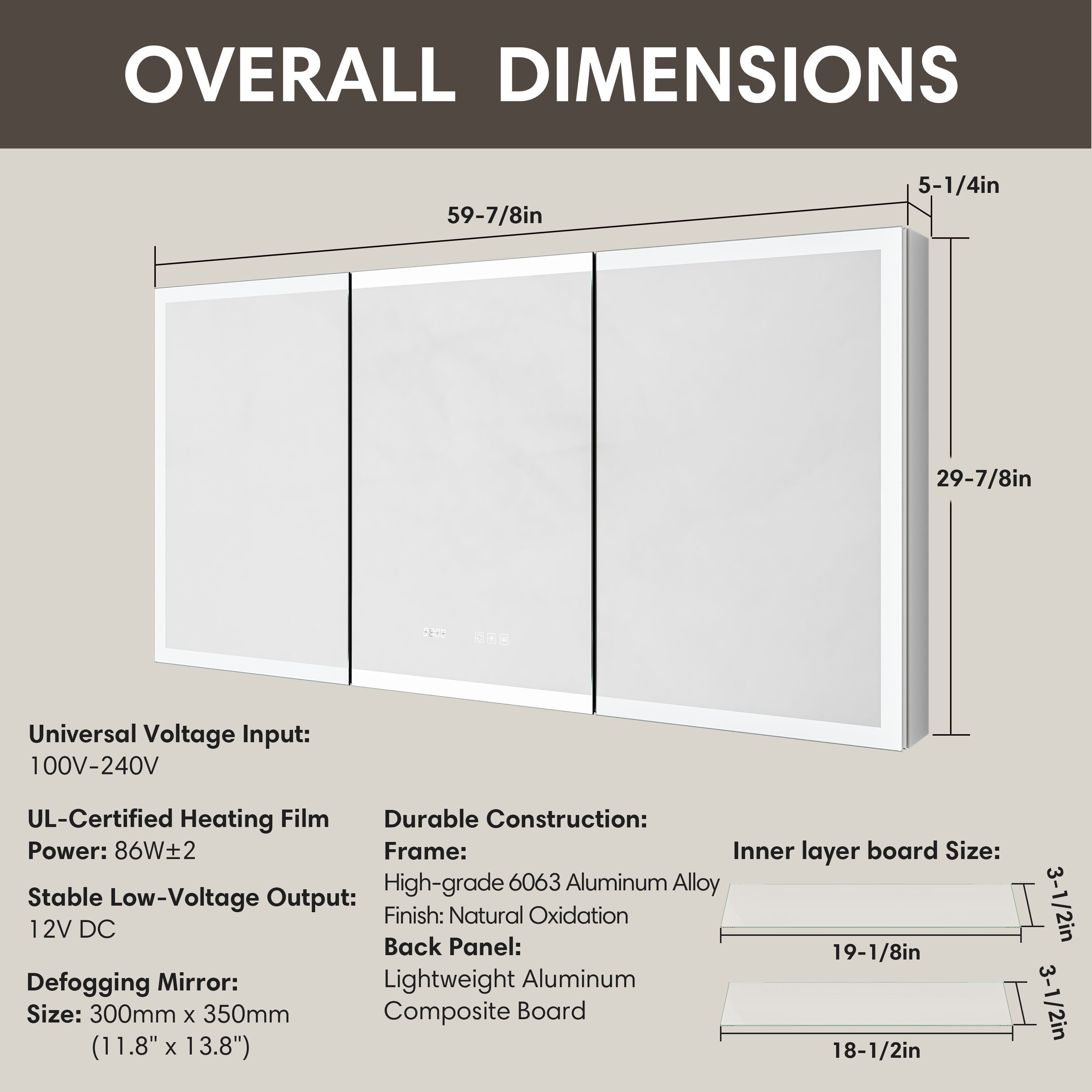 Overall dimensions of three-door medicine cabinet with size details