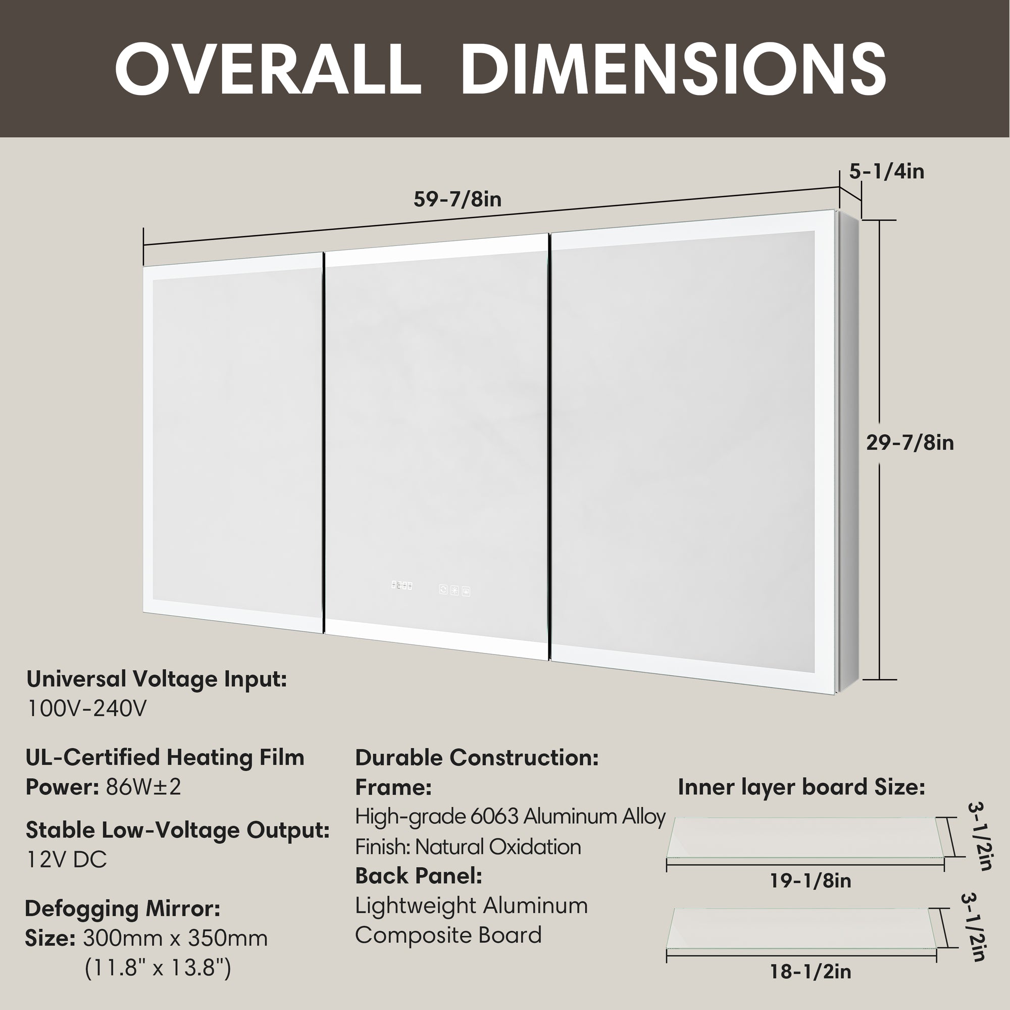 Overall dimensions of three-door medicine cabinet with size details