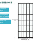 Grid glass shower door 38 x 72 inch black frame with dimension details.