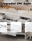 Soleil 60" Bathroom Vanity with Sink, Elegant White Cabinet with Drawers