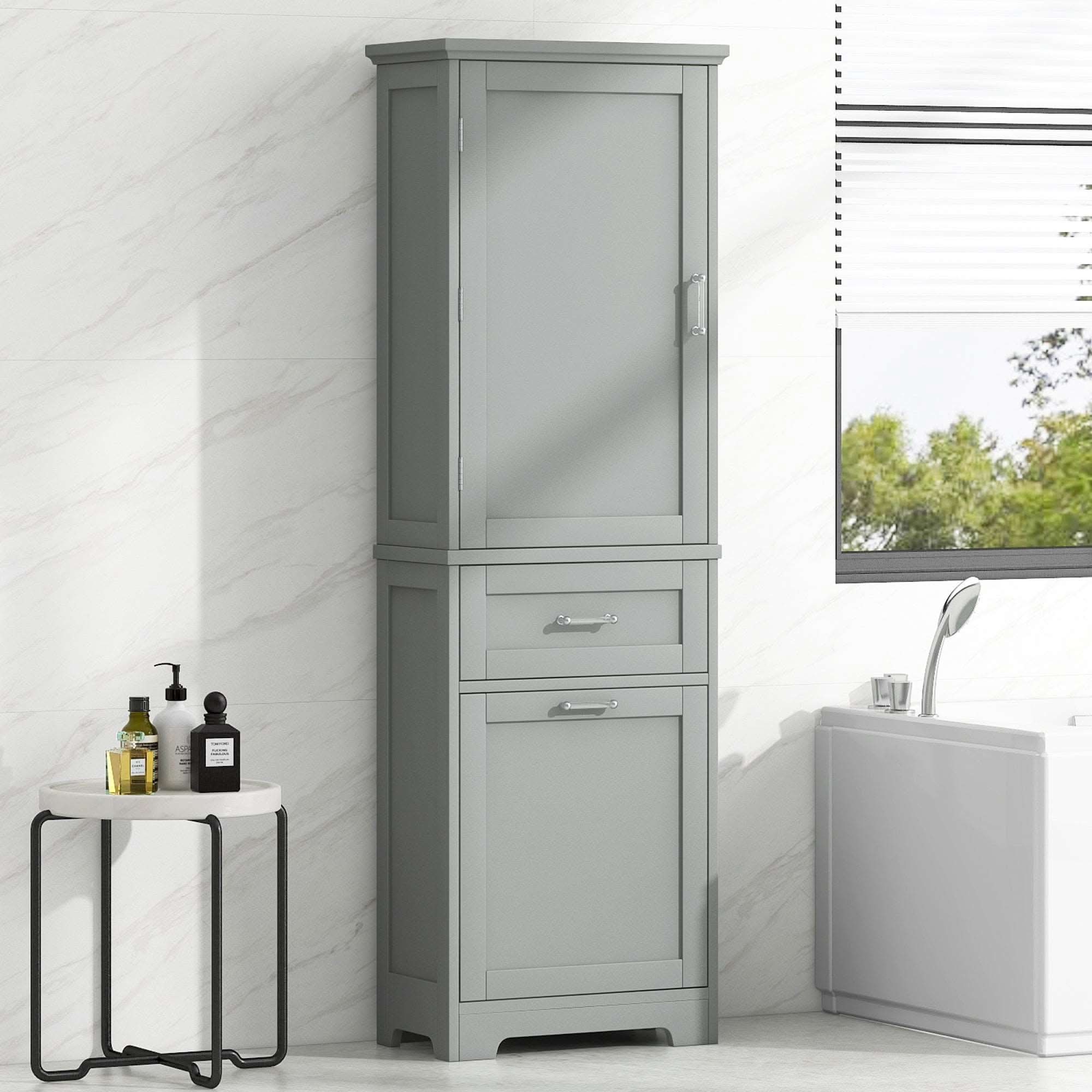 Grey Valmor 68.1 inch tall bathroom storage cabinet placed in contemporary bathroom design.