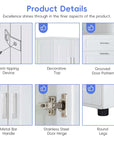 Product detail highlights of the 69.92-inch white tall bathroom linen cabinet, featuring anti-tipping device, decorative top, grooved door pattern, metal bar handles, stainless steel hinges, and round support legs.