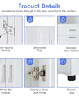 White bathroom linen cabinet with anti-tip device, metal handles, stainless steel hinges, and decorative grooved doors details.