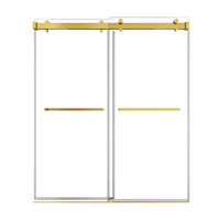 66 x 76 brushed gold sliding shower door with frameless double glass panels and minimalist modern design | Ace Decor