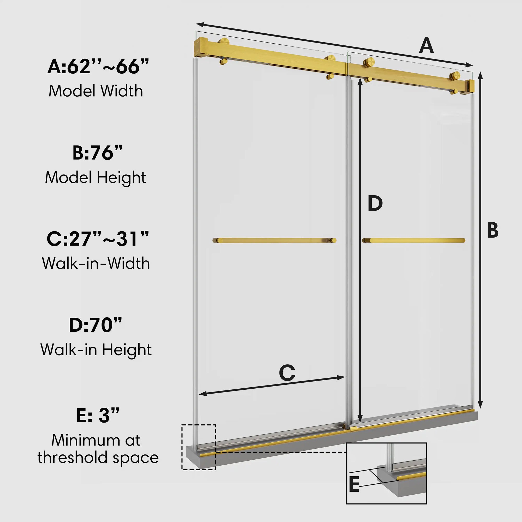 66 x 76 brushed gold sliding shower door size chart showing width, height, and walk-in dimensions with clear glass panels | Ace Decor