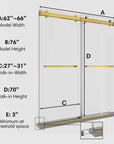 66 x 76 brushed gold sliding shower door size chart showing width, height, and walk-in dimensions with clear glass panels | Ace Decor