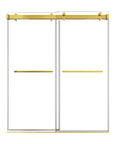 66 x 76 brushed gold sliding shower door with frameless double glass panels and minimalist modern design | Ace Decor