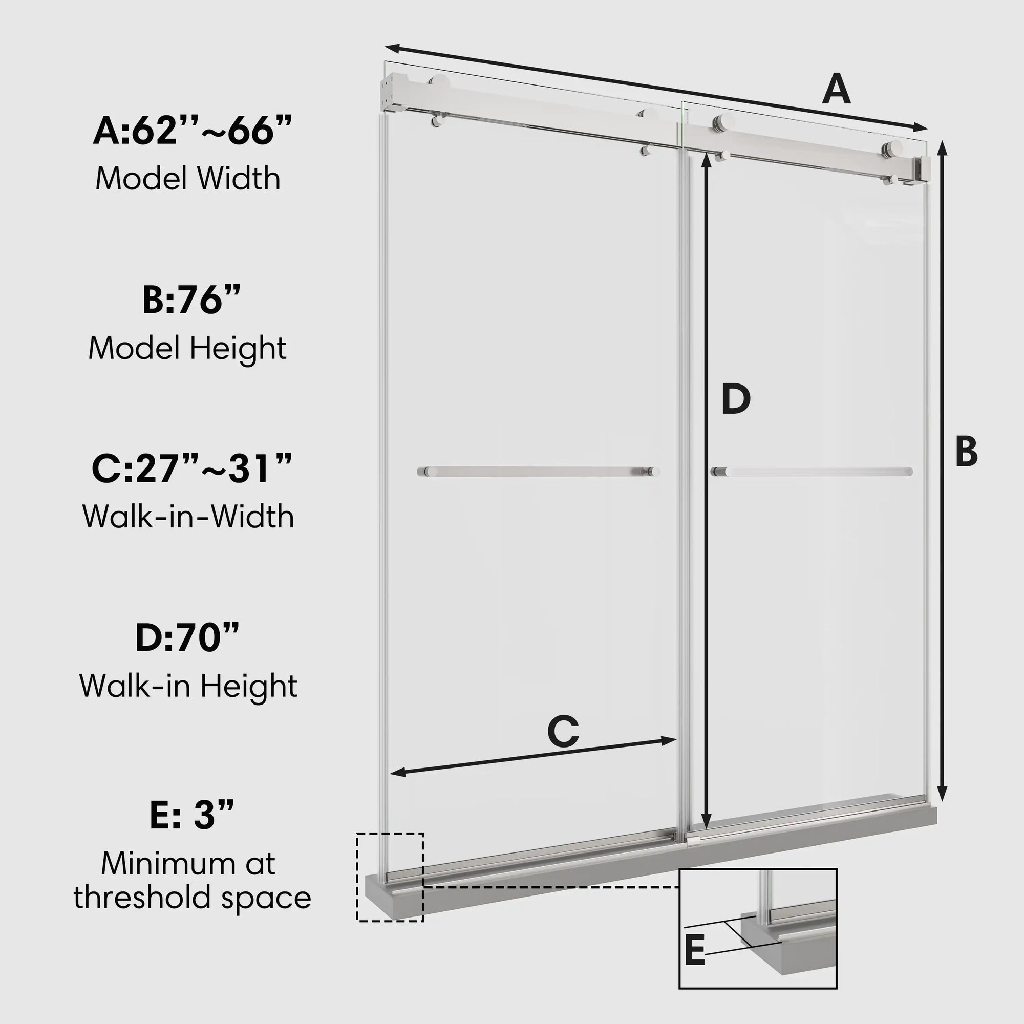 Verta Series 66" x 76" Double Sliding Frameless Shower Door with 10mm Tempered Glass - Chrome