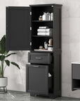 Valmor 68.1" Bathroom Cabinet with open doors and shelves showing towels and toiletries organized inside.