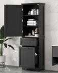 Valmor 68.1" Bathroom Cabinet with open doors and shelves showing towels and toiletries organized inside.