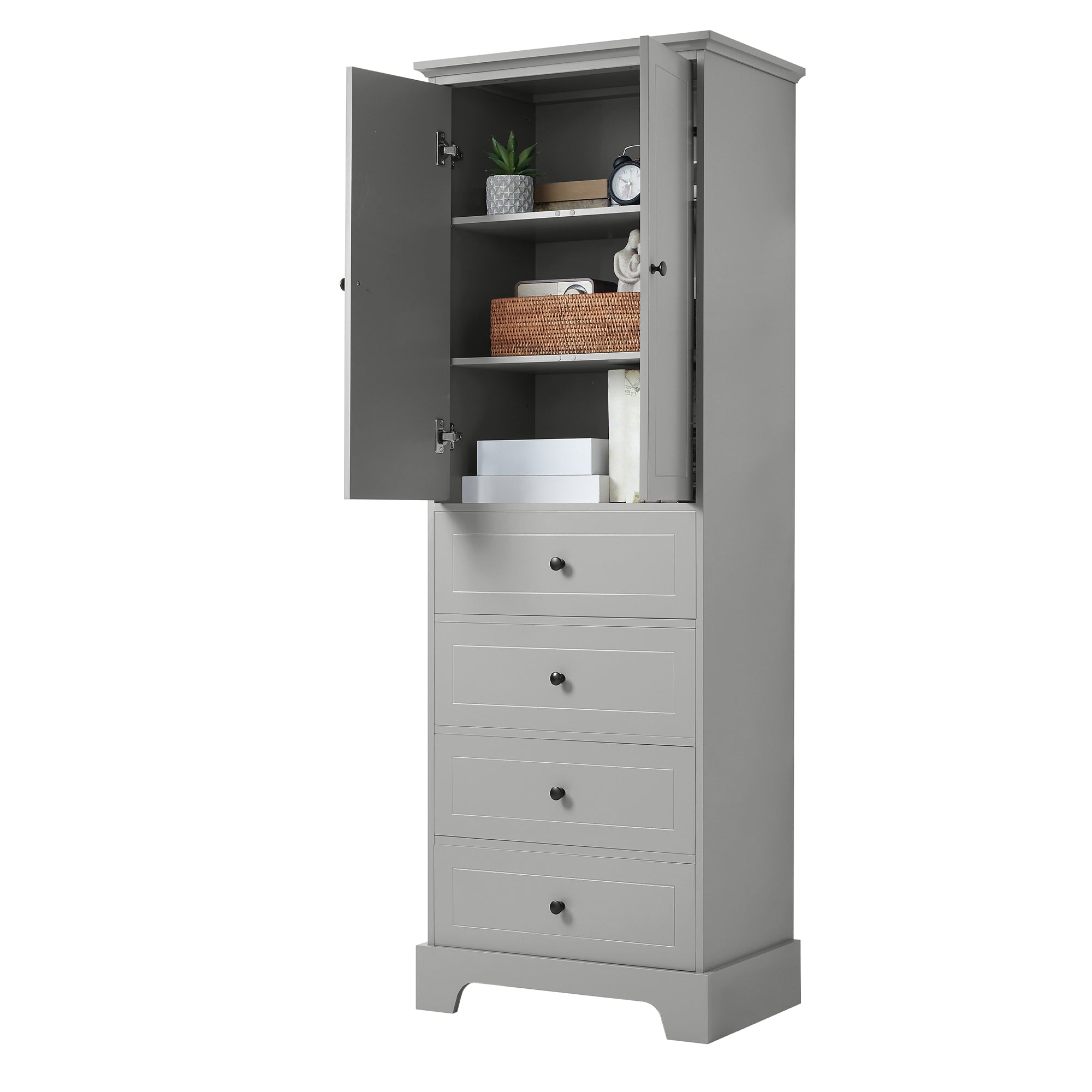 Tall grey bathroom cabinet with open doors, interior shelves neatly stocked with towels and bathroom products.