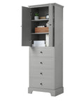 Tall grey bathroom cabinet with open doors, interior shelves neatly stocked with towels and bathroom products.