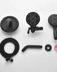 Complete Dorian Series matte black dual-function shower set with overhead showerhead, handheld shower, hose, shower arm, and valve.