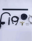 Complete set of Freestanding Black Tub Faucet with Handheld Shower, including faucet body, hoses, handheld sprayer, and installation tools.