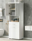 White tall bathroom linen cabinet with upper doors open, showing neatly organized towels and toiletries on adjustable shelves.