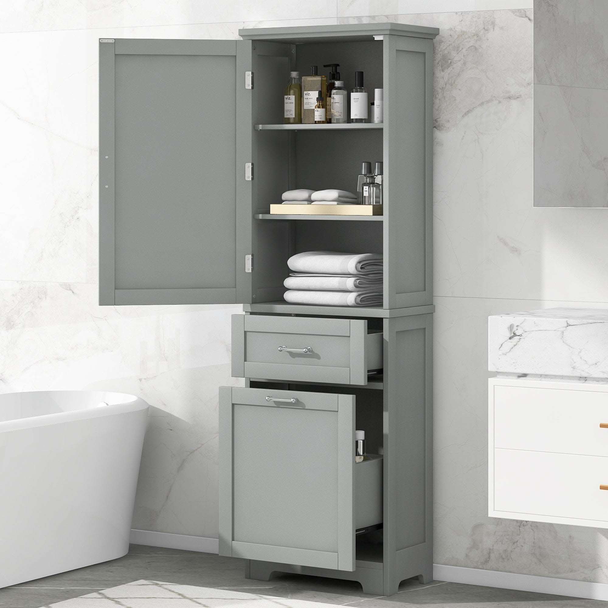 Grey Valmor 68.1 inch tall bathroom storage cabinet with two drawers and three shelves, featuring towels and toiletries neatly stored inside.