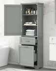 Grey Valmor 68.1 inch tall bathroom storage cabinet with two drawers and three shelves, featuring towels and toiletries neatly stored inside.