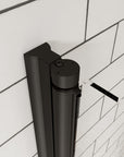 Matte black pivot hinge detail on clear glass shower door | Ace Decor