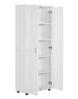71.25-inch high white tower bathroom cabinet with double doors open, featuring five adjustable interior shelves and a space-saving tall design with anti-tip stability.