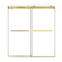 72 x 76 gold shower door sliding with frameless double glass panels and brushed gold hardware | Ace Decor