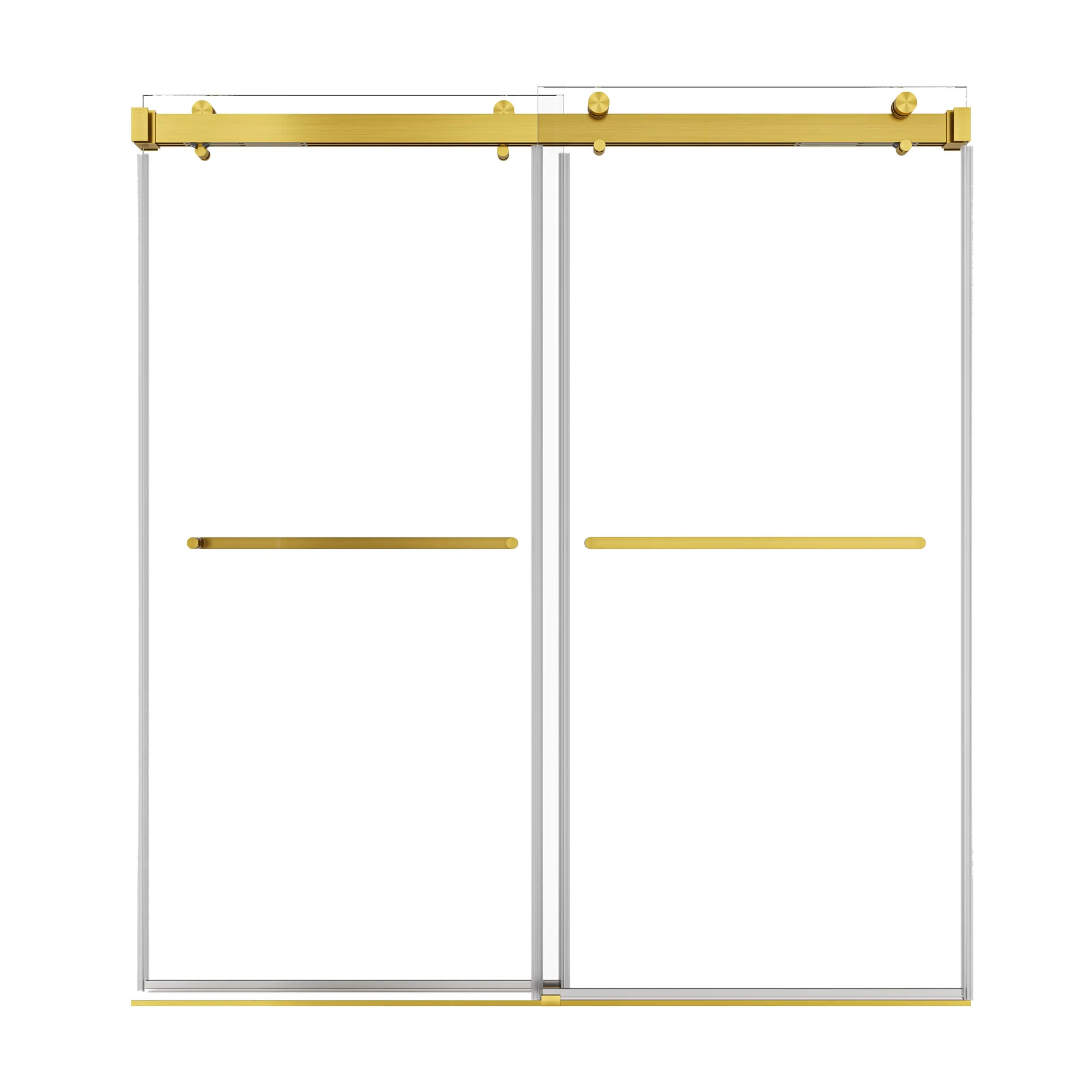 72 x 76 gold shower door sliding with frameless double glass panels and brushed gold hardware | Ace Decor