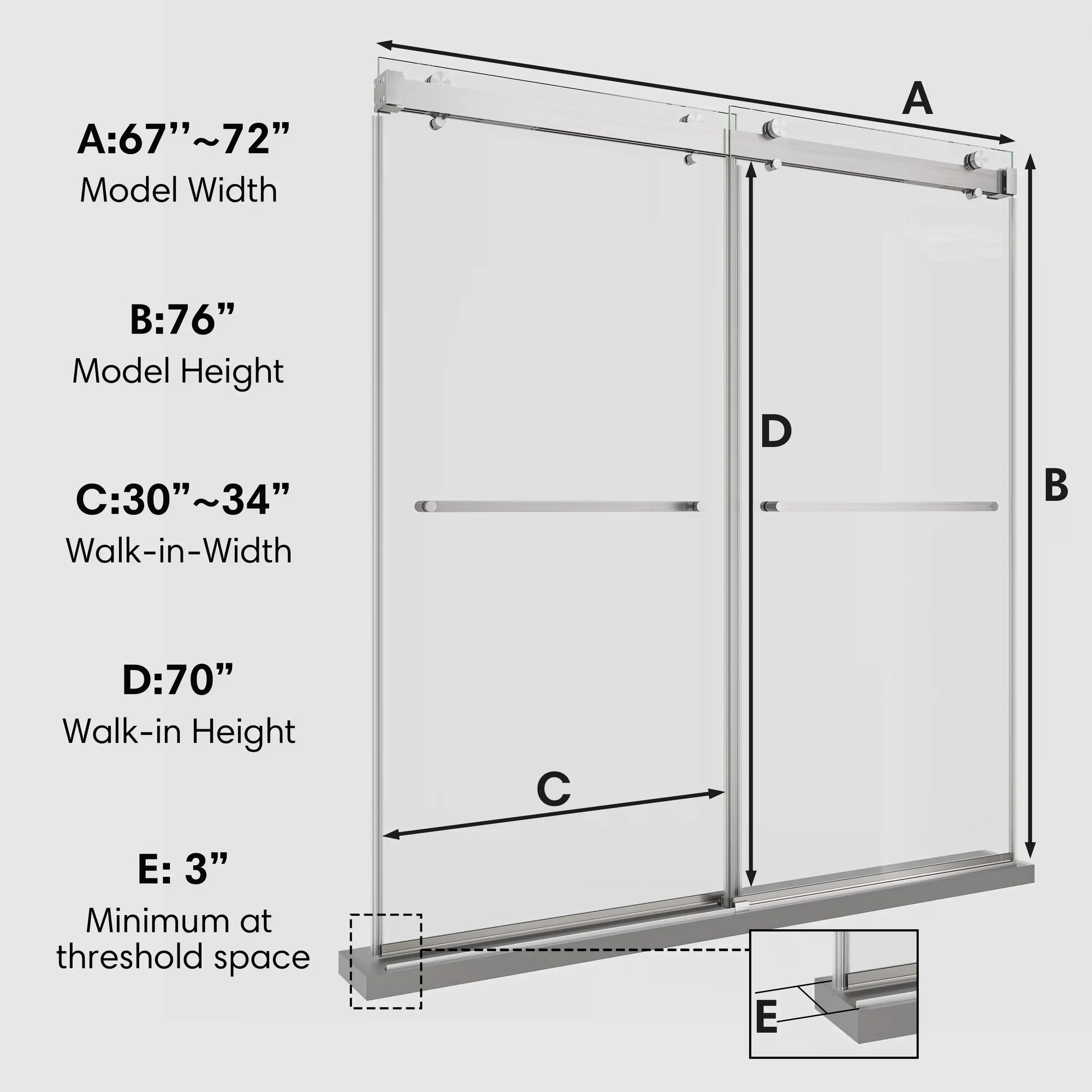 72 x 76 brushed nickel shower doors frameless dimension chart showing model width, height, and walk-in measurements | Ace Decor